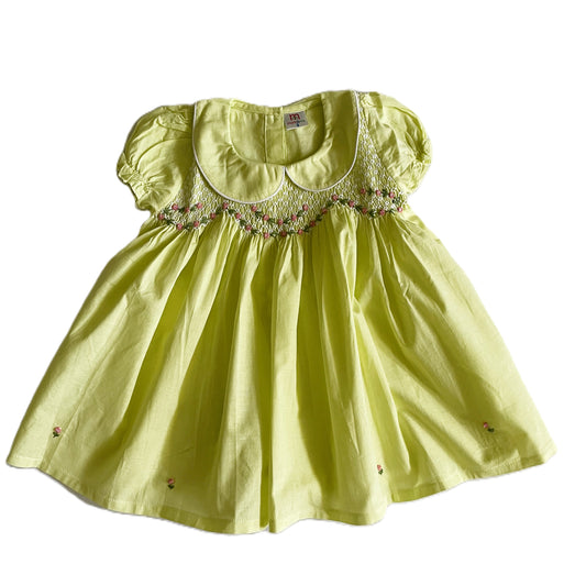 Yellow Geo Smocked With Roses Short Sleeve Dress