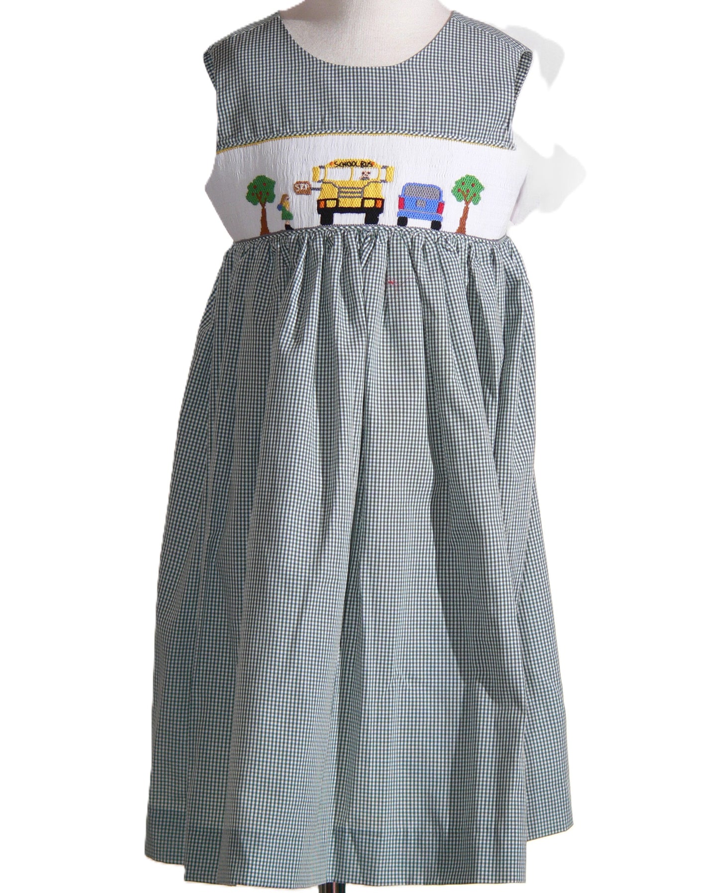 Green Gingham Back Buttons Sundress featuring SCHOOL BUS Smocked