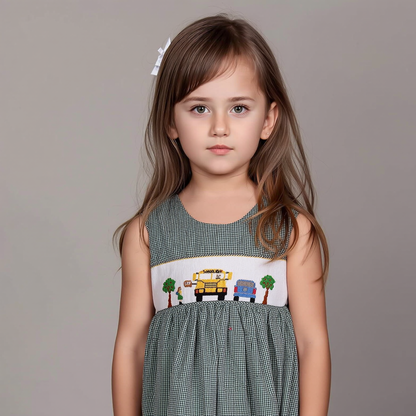 Green Gingham Back Buttons Sundress featuring SCHOOL BUS Smocked
