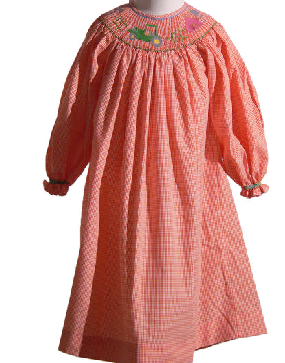 Orange Gingham Long Bishop Sleeve Dress featuring TRACTOR Hand-Smocked