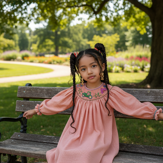 Orange Gingham Long Bishop Sleeve Dress featuring TRACTOR Hand-Smocked
