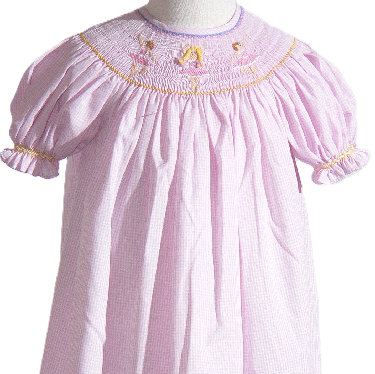 Pink Gingham BALLERINA Smocked Short Sleeve Bishop Dress