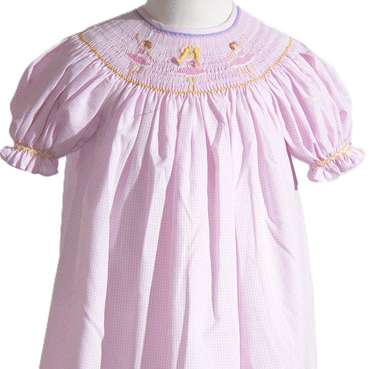 Pink Gingham BALLERINA Smocked Short Sleeve Bishop Dress