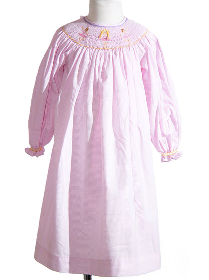 Pink Gingham Ballerina Smocked Long Sleeve Bishop Dress