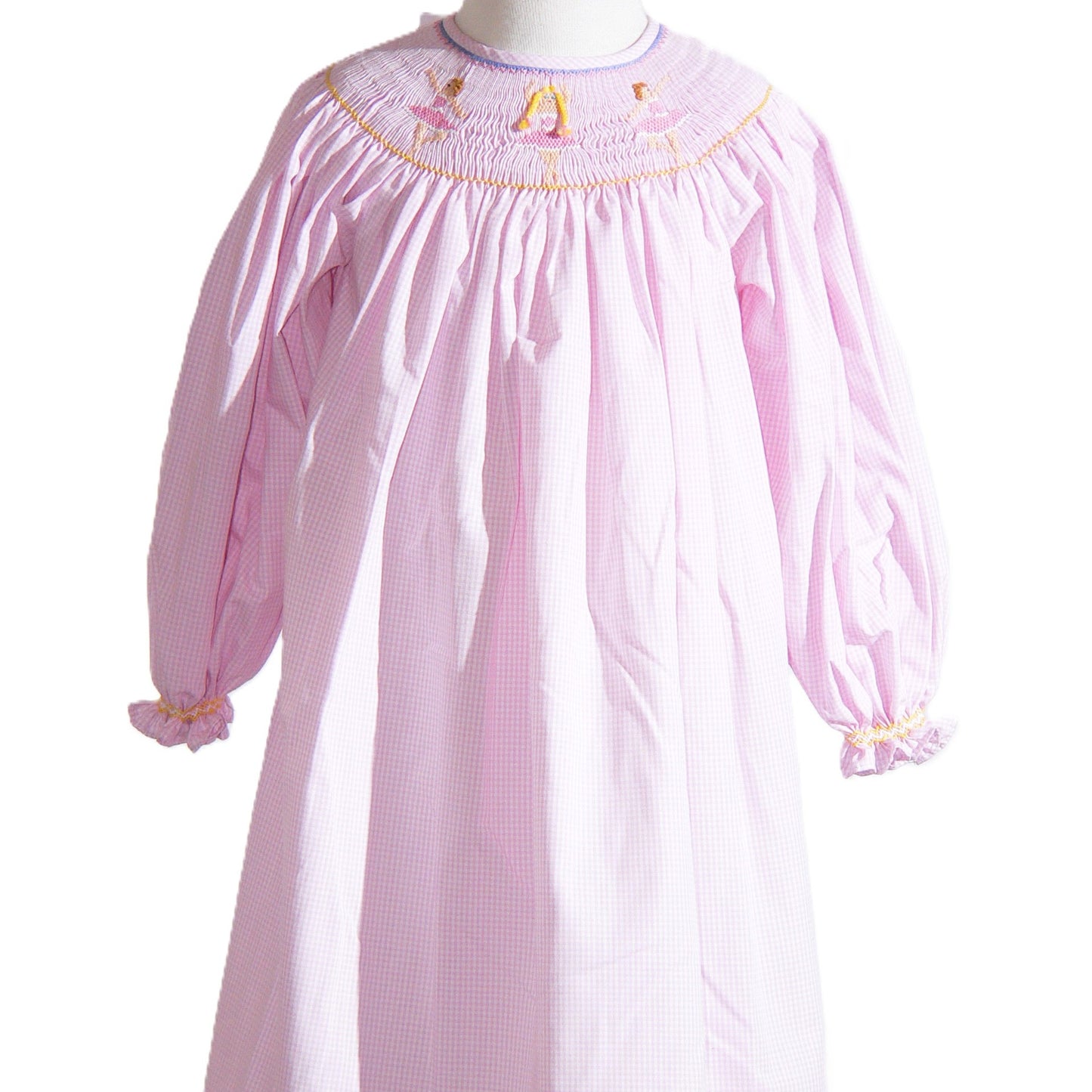 Pink Gingham Ballerina Smocked Long Sleeve Bishop Dress