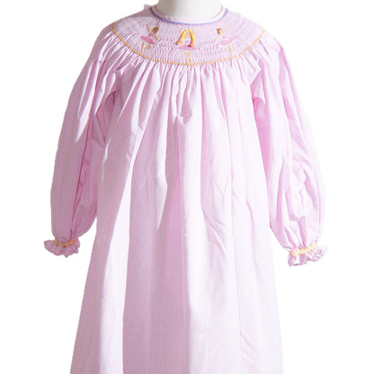 Pink Gingham Ballerina Smocked Long Sleeve Bishop Dress
