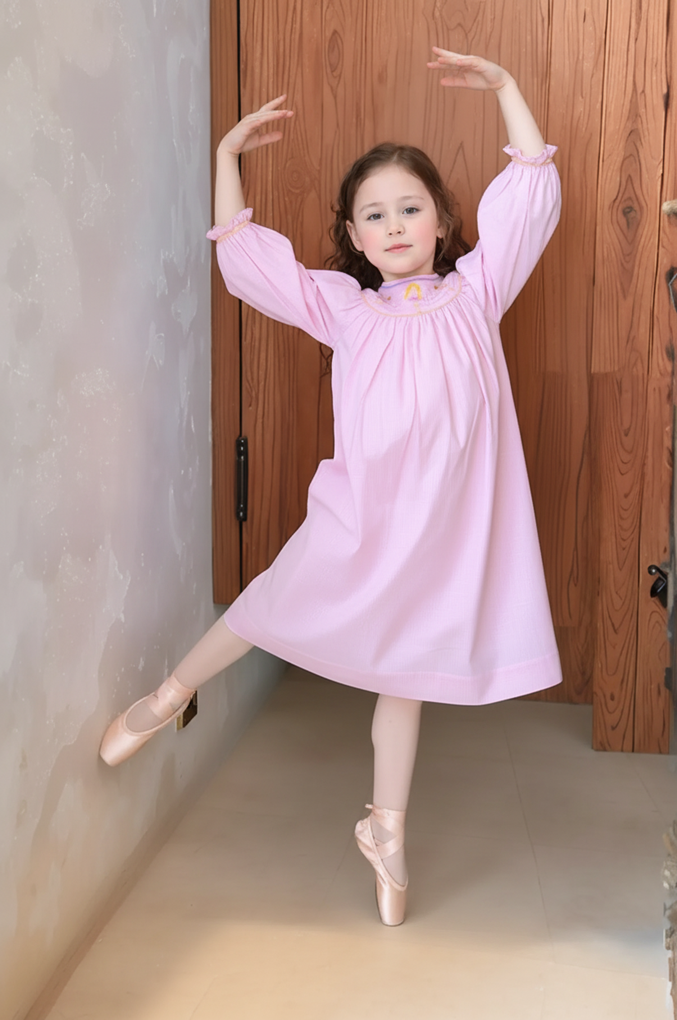 Pink Gingham Ballerina Smocked Long Sleeve Bishop Dress