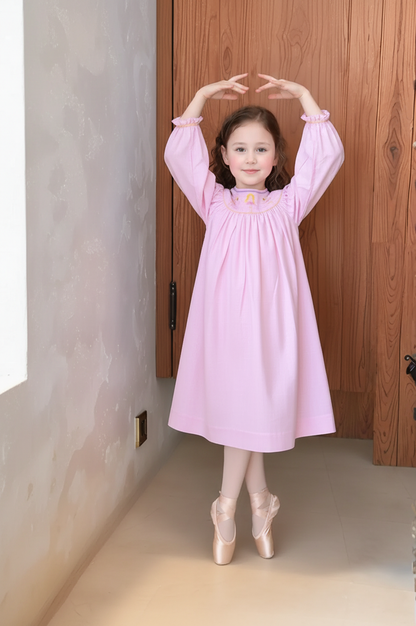 Pink Gingham Ballerina Smocked Long Sleeve Bishop Dress