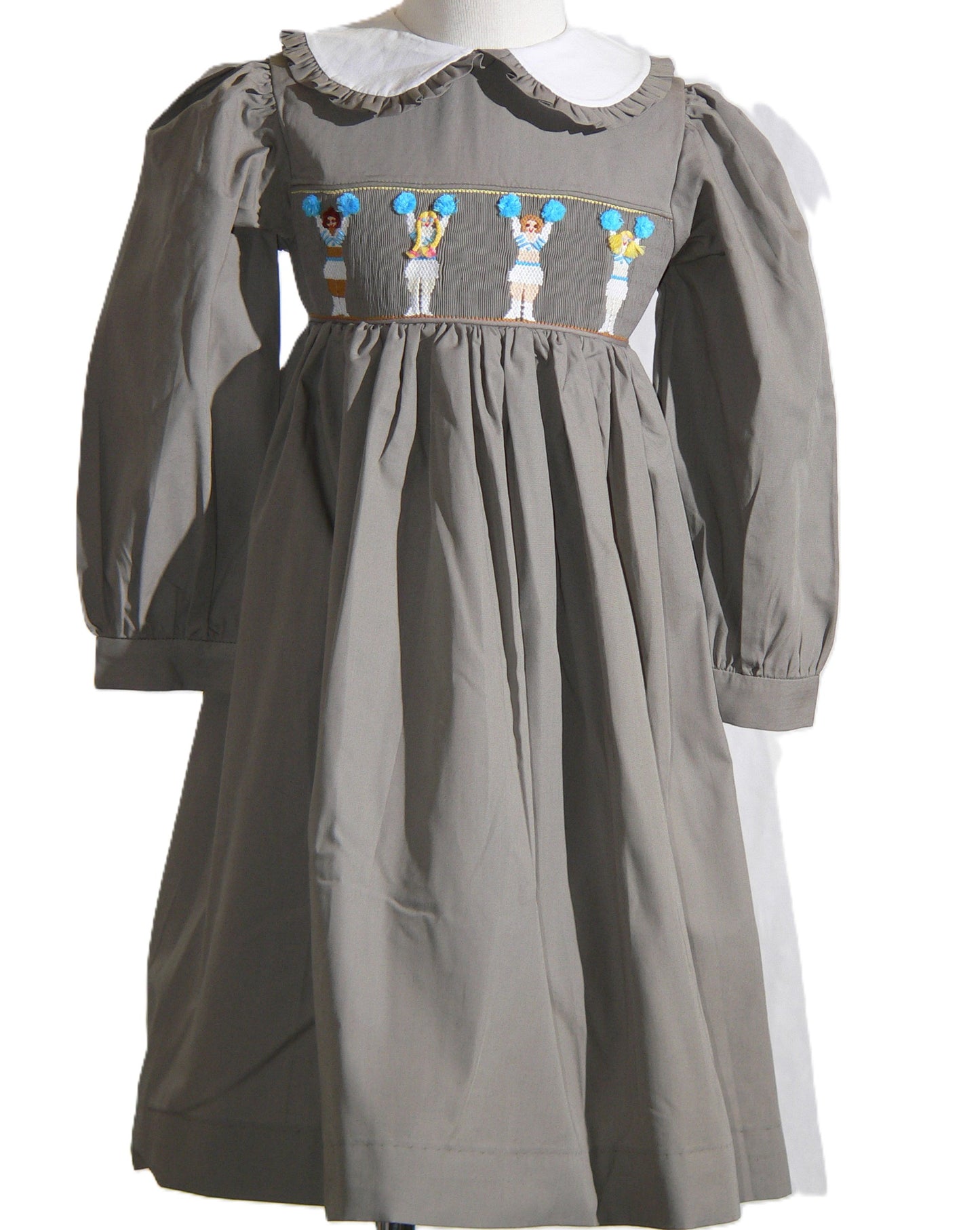 Grey Long Sleeve Dress Featuring CHEERLEADER With Blue Pom-poms Hand-Smocked