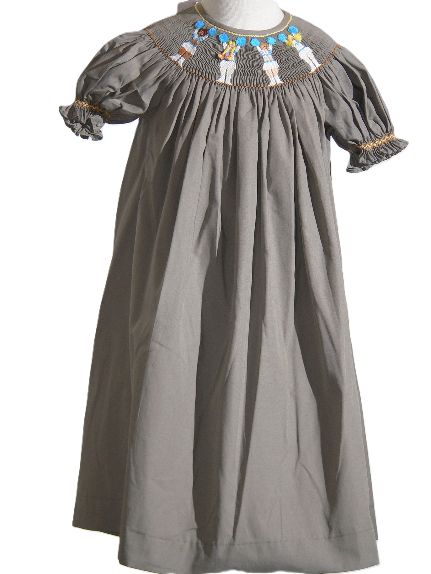 Grey Short Bishop Sleeve Dress Featuring CHEERLEADER With Blue Pom-poms Smocked