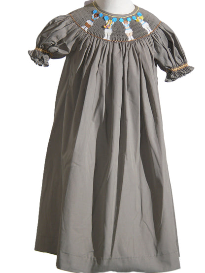 Grey Short Bishop Sleeve Dress Featuring CHEERLEADER With Blue Pom-poms Smocked