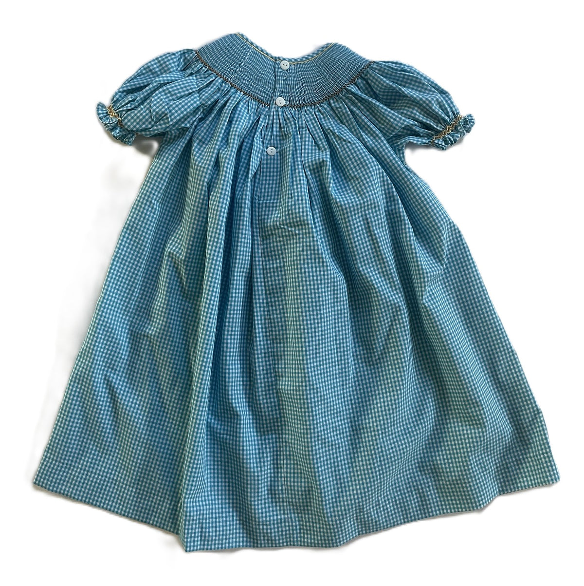 Blue Gingham Short Sleeve Dress Featuring CHEERLEADER With Blue Pom-poms Smocked