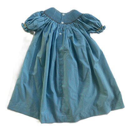 Blue Gingham Short Sleeve Dress Featuring CHEERLEADER With Blue Pom-poms Smocked