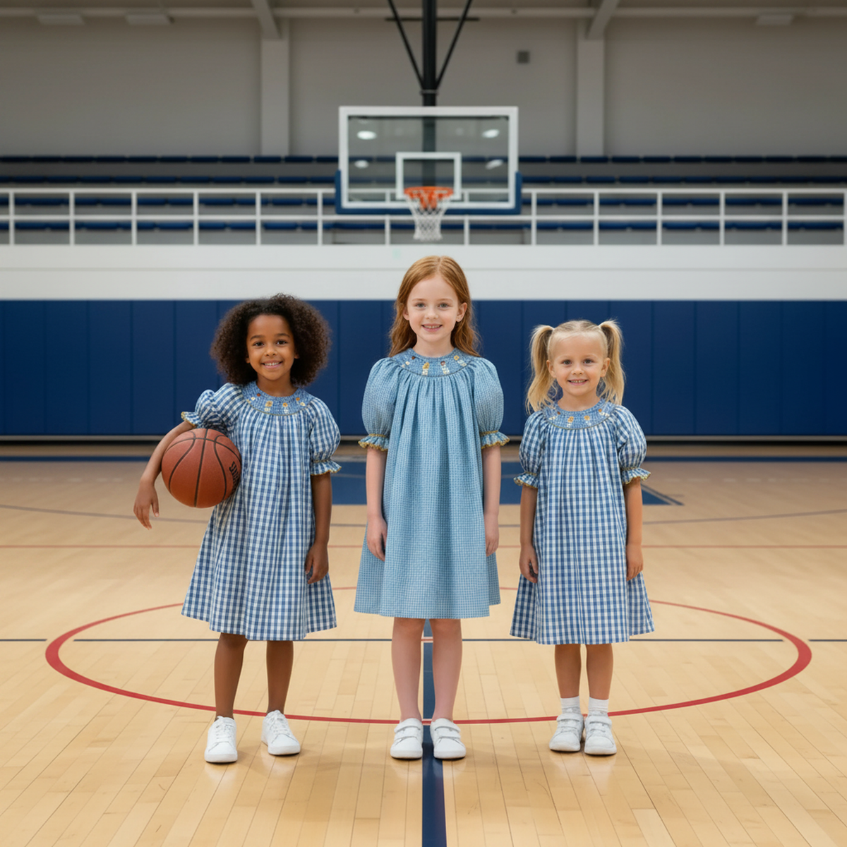 Blue Gingham Short Sleeve Dress Featuring CHEERLEADER With Blue Pom-poms Smocked