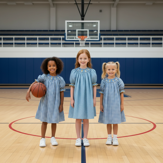 Blue Gingham Short Sleeve Dress Featuring CHEERLEADER With Blue Pom-poms Smocked