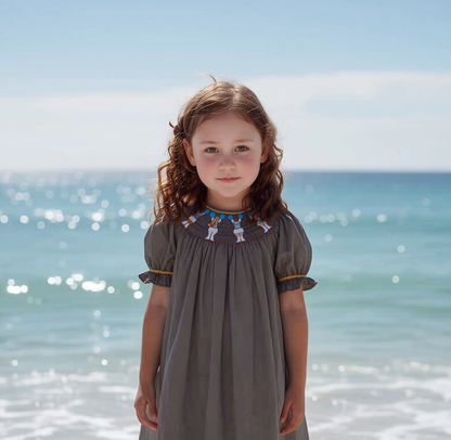 Grey Short Bishop Sleeve Dress Featuring CHEERLEADER With Blue Pom-poms Smocked