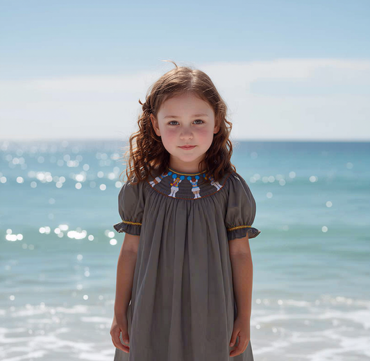 Grey Short Bishop Sleeve Dress Featuring CHEERLEADER With Blue Pom-poms Smocked