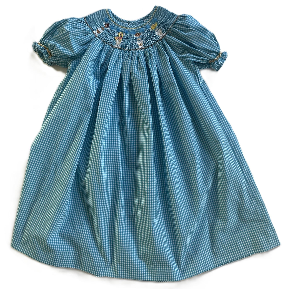 Blue Gingham Short Sleeve Dress Featuring CHEERLEADER With Blue Pom-poms Smocked