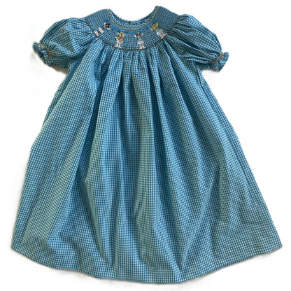 Blue Gingham Short Sleeve Dress Featuring CHEERLEADER With Blue Pom-poms Smocked