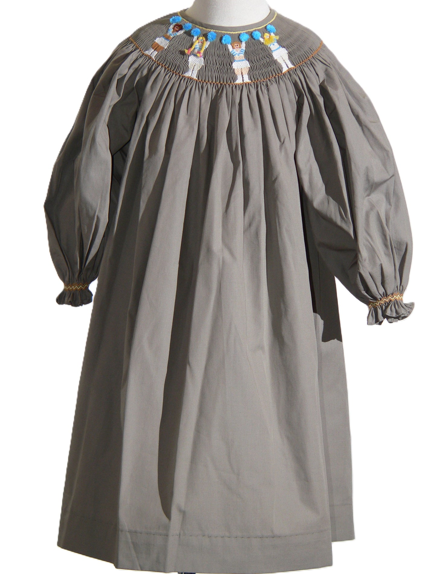 Grey Long Bishop Sleeve Dress Featuring CHEERLEADER With Blue Pom-poms Hand-Smocked