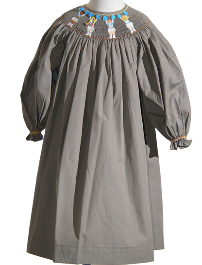 Grey Long Bishop Sleeve Dress Featuring CHEERLEADER With Blue Pom-poms Hand-Smocked