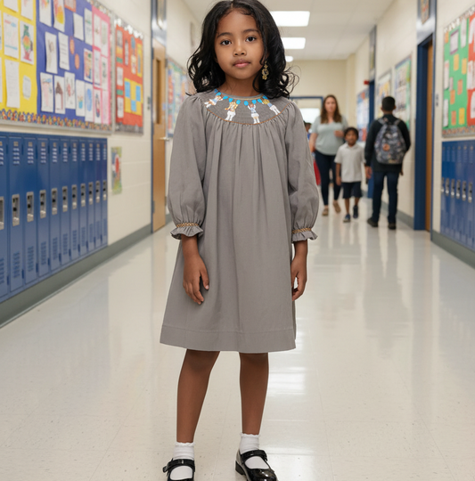 Grey Long Bishop Sleeve Dress Featuring CHEERLEADER With Blue Pom-poms Hand-Smocked