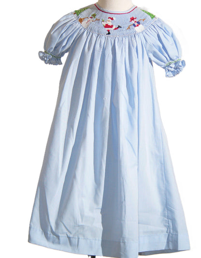 Light Blue Gingham Short Sleeve Dress Featuring SNOWMEN Hand-Smocked