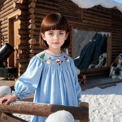 Light Blue Gingham Long Sleeve Dress Featuring SNOWMEN Hand-Smocked