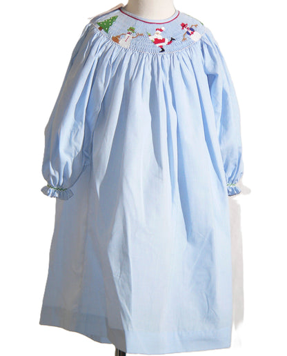 Light Blue Gingham Long Sleeve Dress Featuring SNOWMEN Hand-Smocked