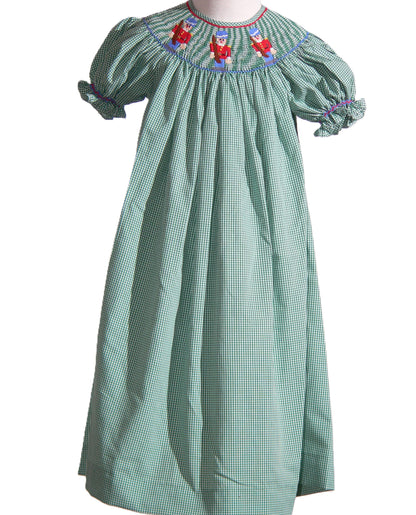 Green Gingham Short-Sleeve Bishop Dress With NUTCRACKER Hand-Smocked