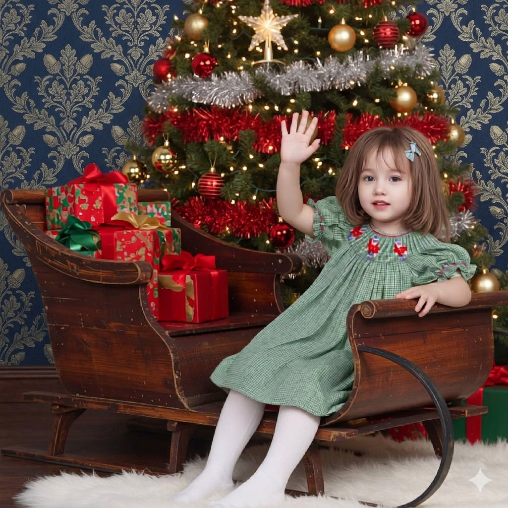Green Gingham Short-Sleeve Bishop Dress With NUTCRACKER Hand-Smocked