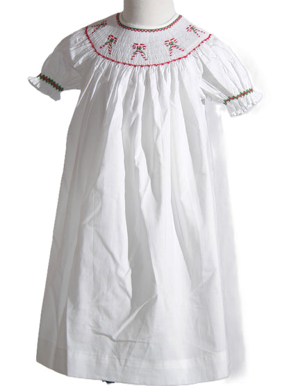 White CANDY CANE Smocked Short Bishop Sleeve Dress