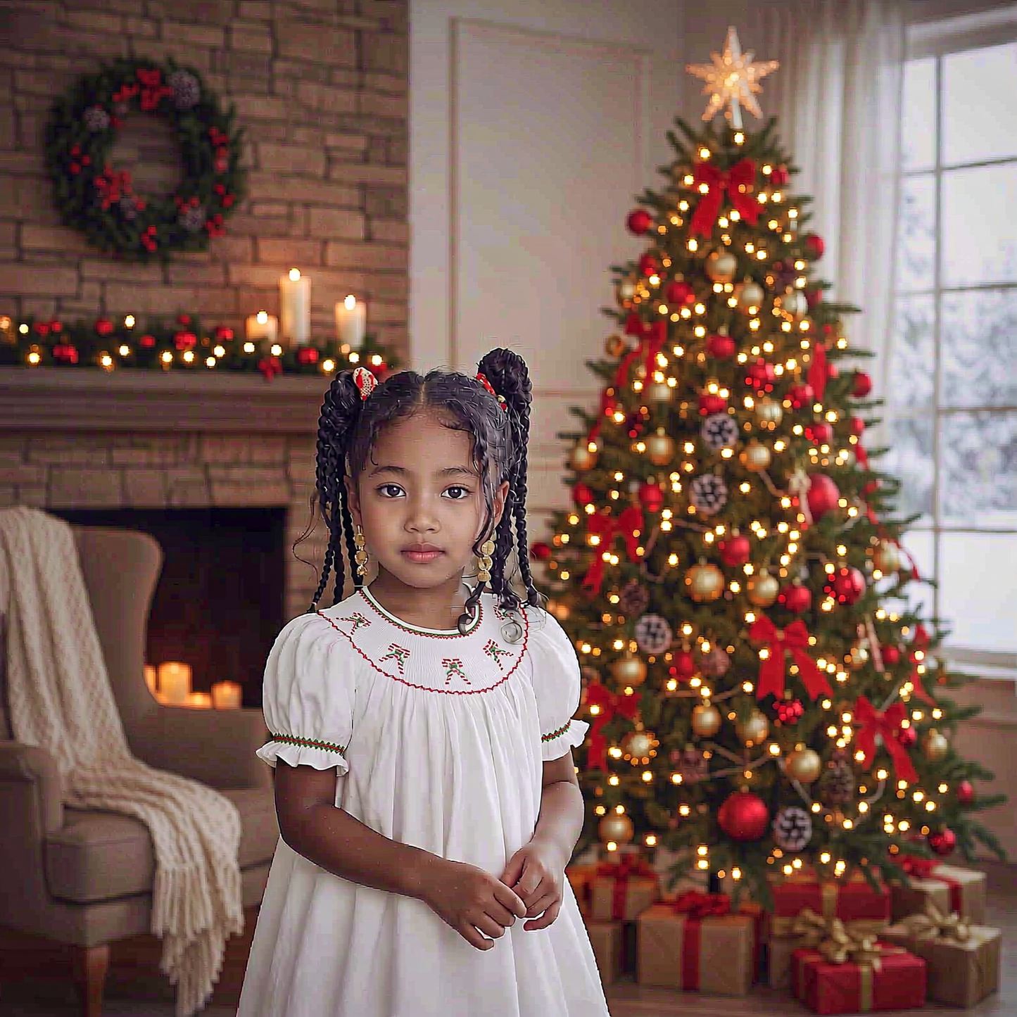 White CANDY CANE Smocked Short Bishop Sleeve Dress
