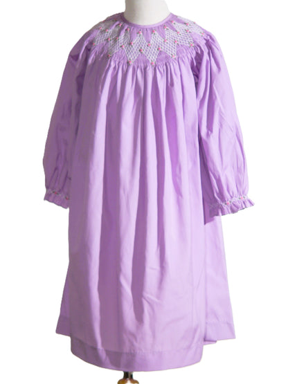 Purple Geometric Smocked Embroidered With Roses Long Sleeve Bishop Dress