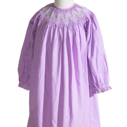 Purple Geometric Smocked Embroidered With Roses Long Sleeve Bishop Dress