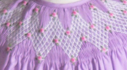 Purple Geometric Smocked Embroidered With Roses Long Sleeve Bishop Dress