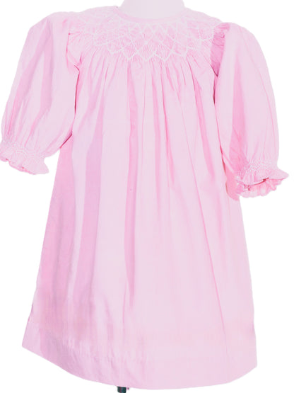Pink Geometric Smocked Embroidered With Roses Long Sleeve Dress
