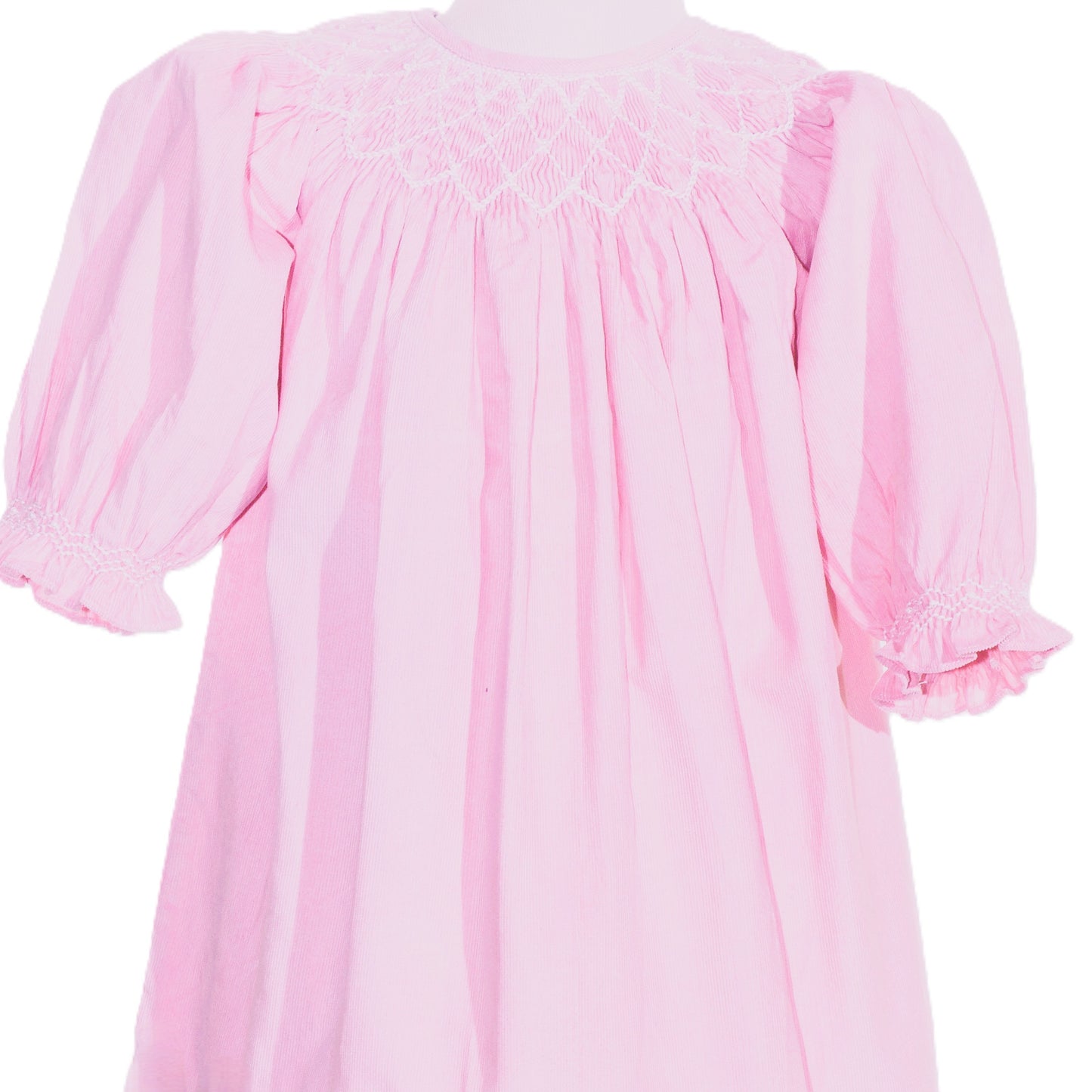 Pink Geometric Smocked Embroidered With Roses Long Sleeve Dress