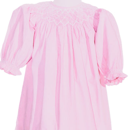 Pink Geometric Smocked Embroidered With Roses Long Sleeve Dress