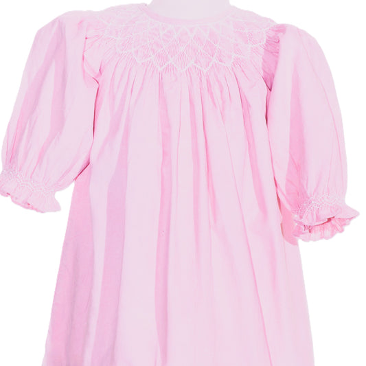 Pink Geometric Smocked Embroidered With Roses Long Sleeve Dress