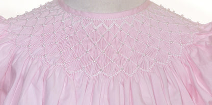 Light Pink Geometric Smocked with Pearl Short Bishop Sleeve Dress