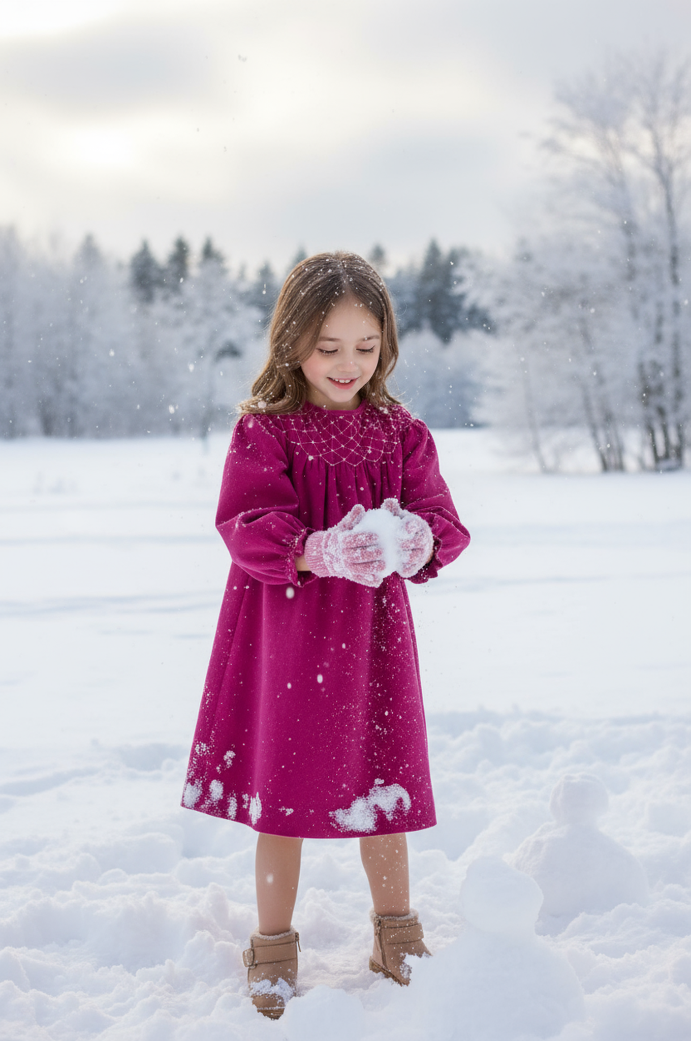 Pink Corduroy Geo Smocked With Pearl Long Sleeve Bishop Dress