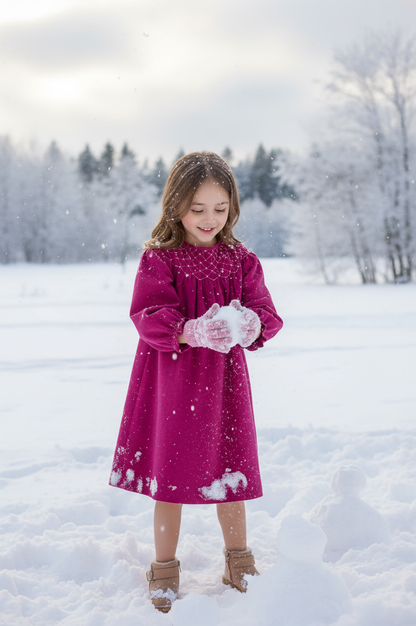 Pink Corduroy Geo Smocked With Pearl Long Sleeve Bishop Dress