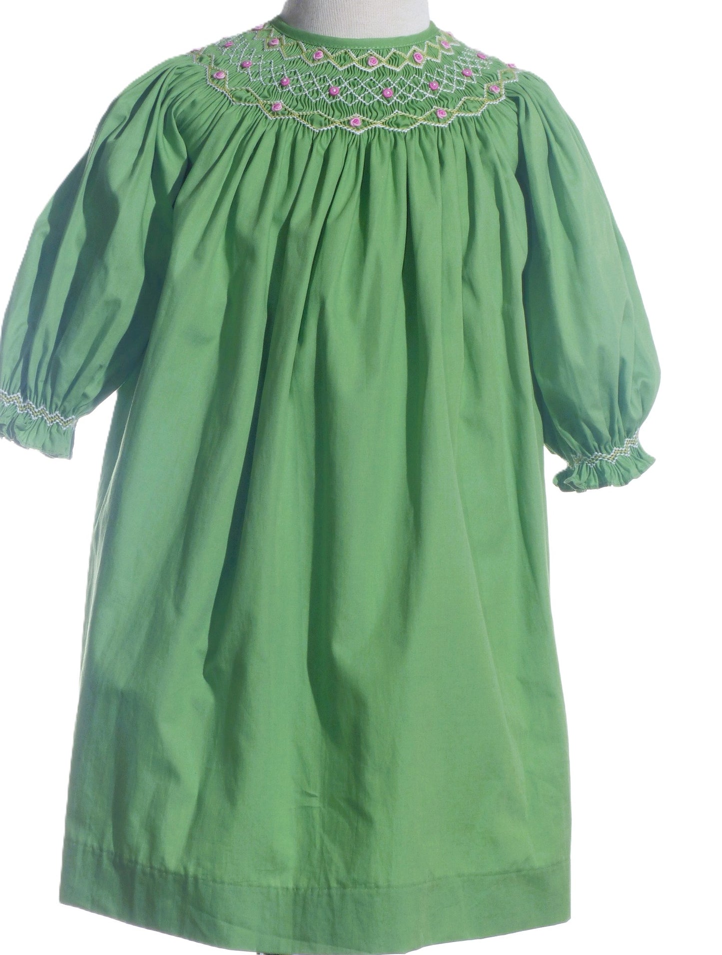 Green Geo Smocked With Flowers Long Sleeve Dress
