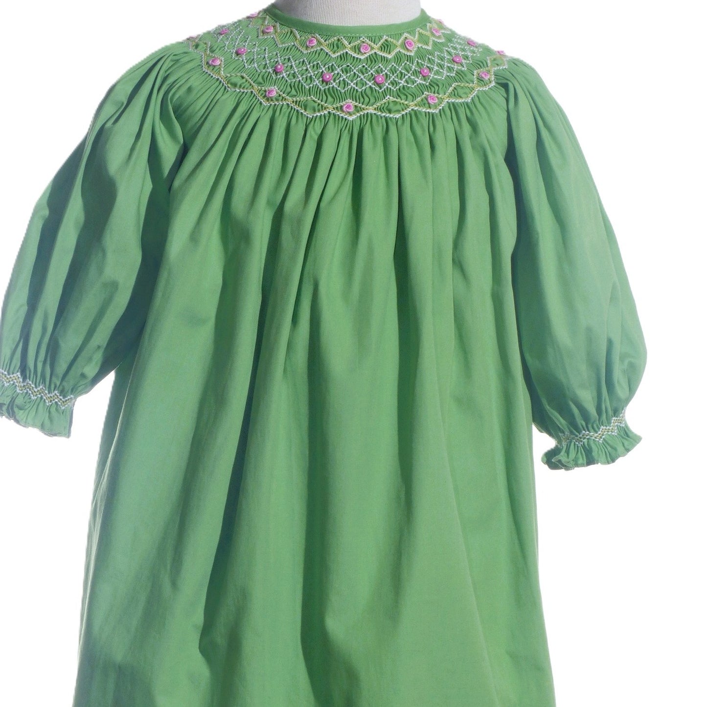 Green Geo Smocked With Flowers Long Sleeve Dress