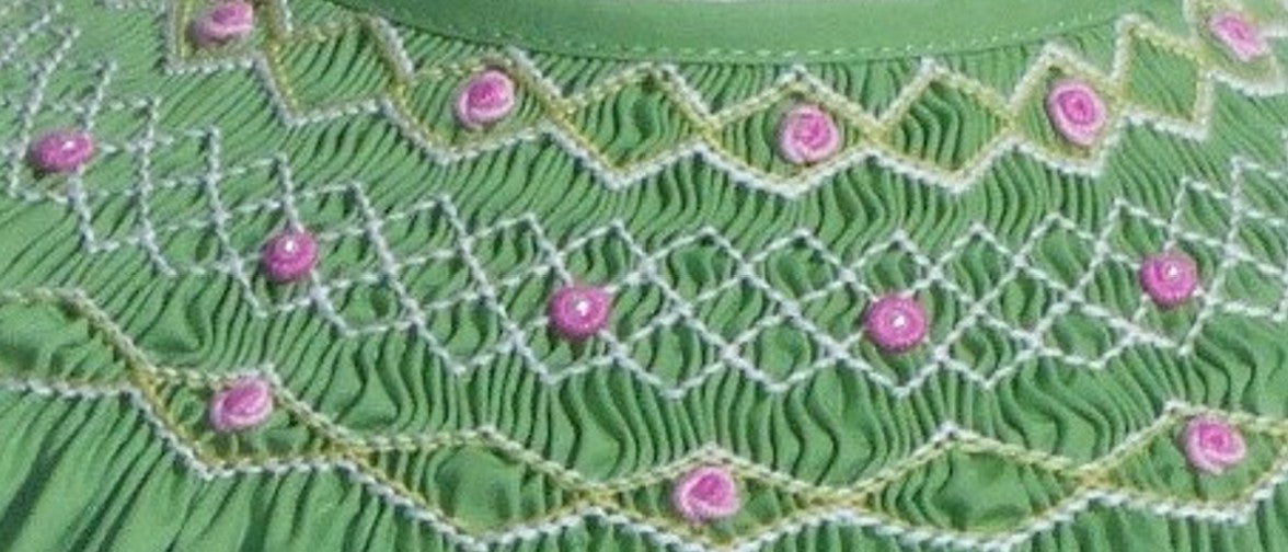 Green Geo Smocked With Flowers Long Sleeve Dress