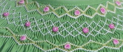 Green Geo Smocked With Flowers Long Sleeve Dress