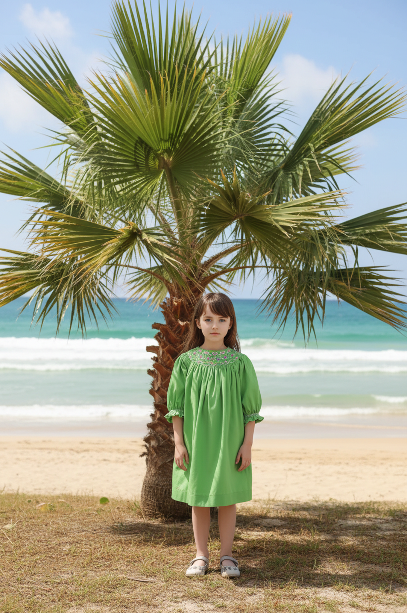 Green Geo Smocked With Flowers Long Sleeve Dress