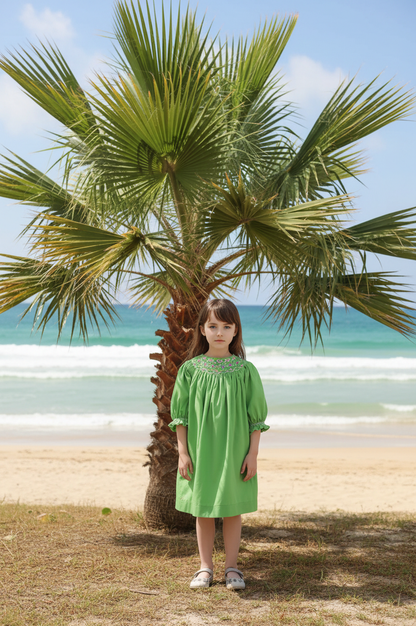 Green Geo Smocked With Flowers Long Sleeve Dress