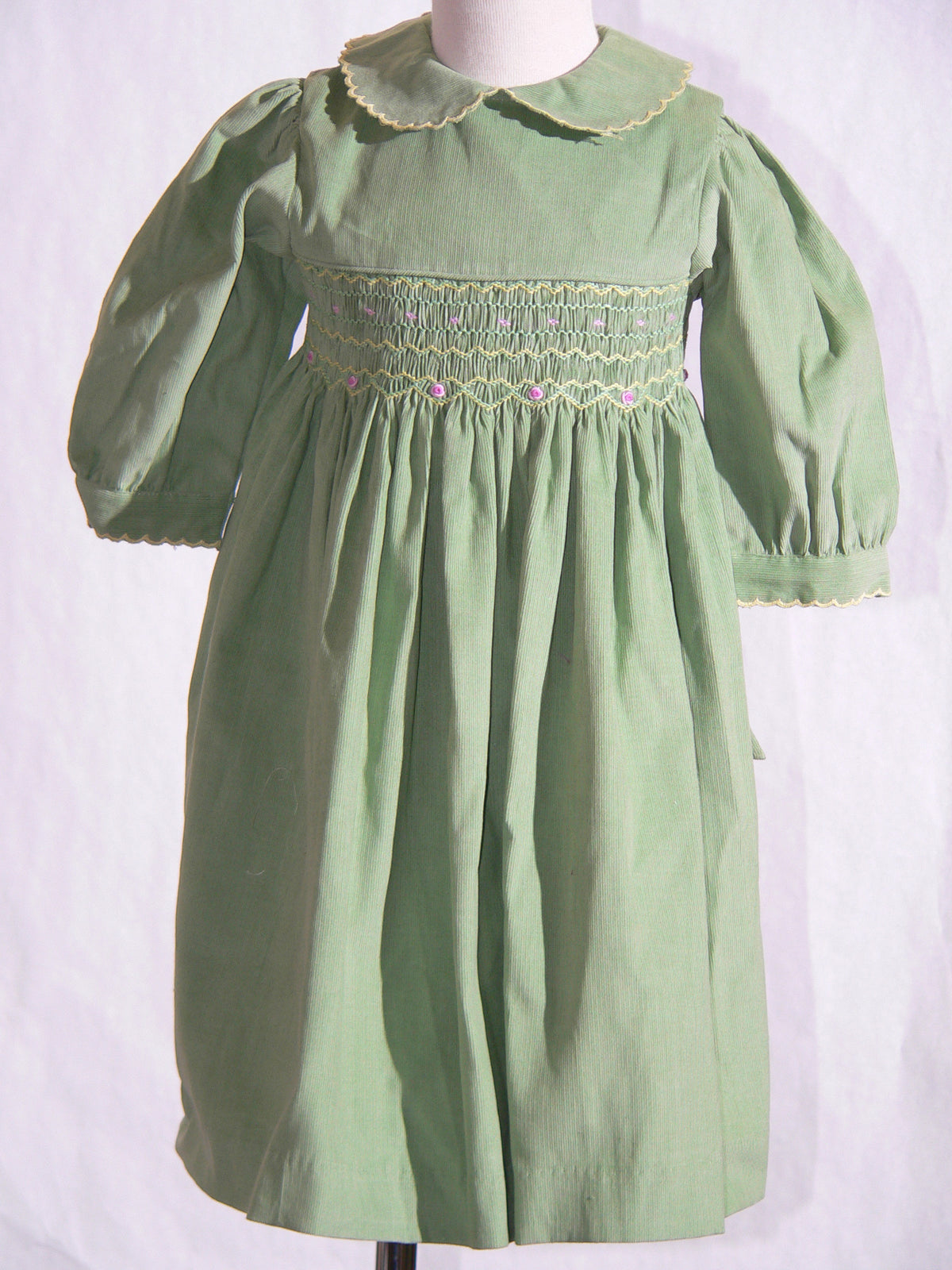 Sage Green Corduroy Smocked Long Sleeve Dress